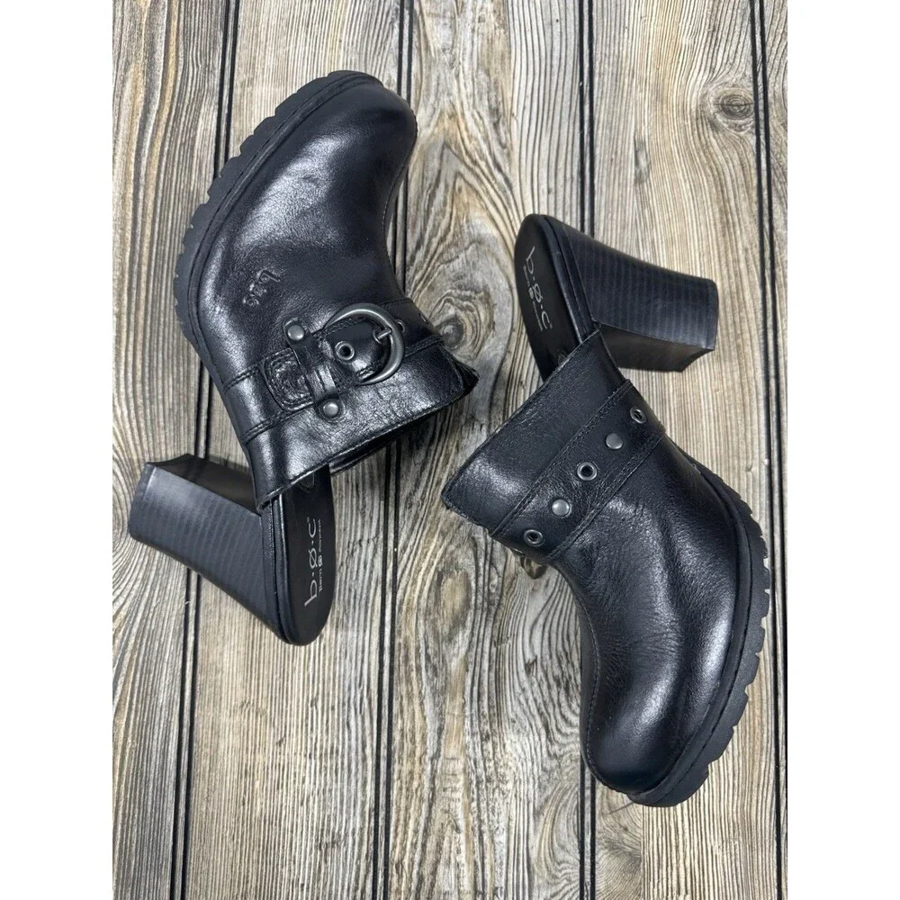 Womens Born Concept Heeled Clog Shoe Open Back Black Leather US 10